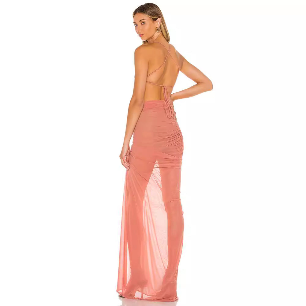 See-through backless halter dress