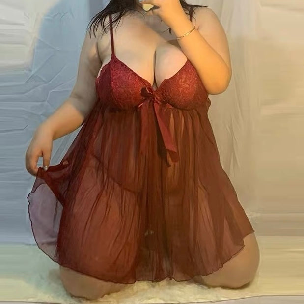 Plus Size Sexy Sheer Red Lace Cami Dress