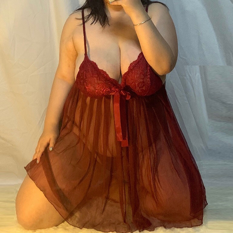 Plus Size Sexy Sheer Red Lace Cami Dress