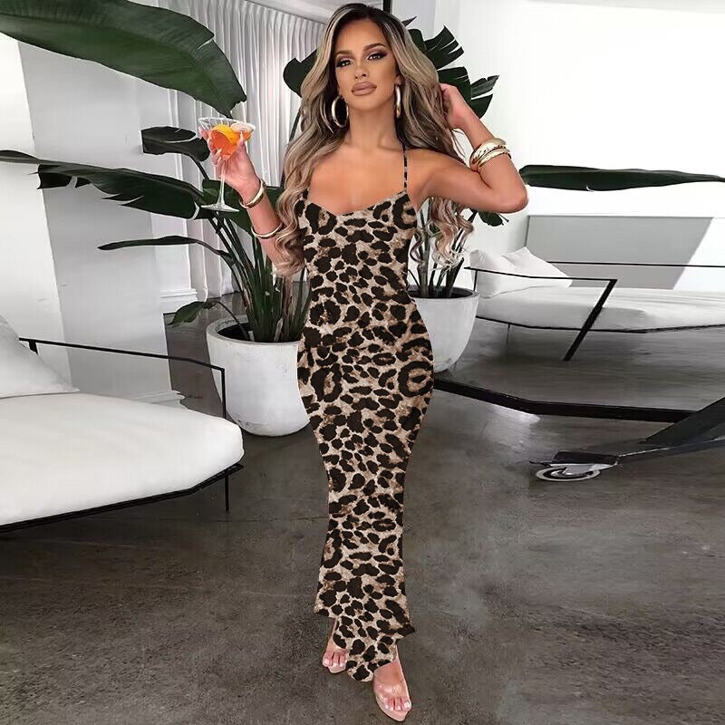 Leopard Print Backless Cami Maxi Dress