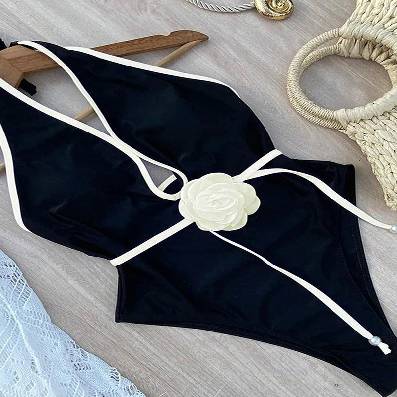 Halter neck 3D flower slimming one-piece sunscreen bikini