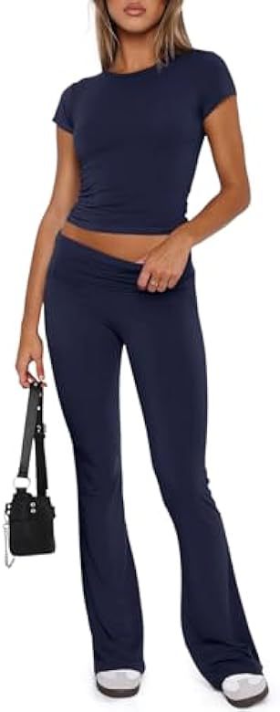 Soft Sets 2 Piece Yoga Sets Cropped Top Fold-over Flare Pants