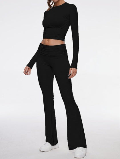 Soft Sets 2 Piece Yoga Sets Cropped Top Fold-over Flare Pants