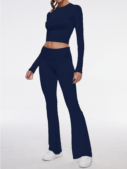 Soft Sets 2 Piece Yoga Sets Cropped Top Fold-over Flare Pants