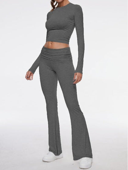 Soft Sets 2 Piece Yoga Sets Cropped Top Fold-over Flare Pants