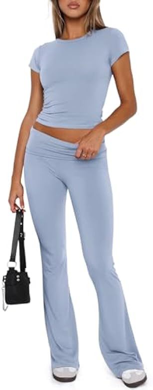 Soft Sets 2 Piece Yoga Sets Cropped Top Fold-over Flare Pants