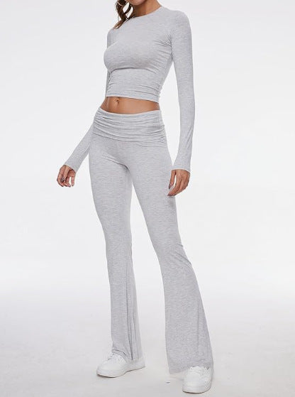 Soft Sets 2 Piece Yoga Sets Cropped Top Fold-over Flare Pants