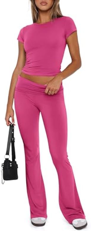 Soft Sets 2 Piece Yoga Sets Cropped Top Fold-over Flare Pants