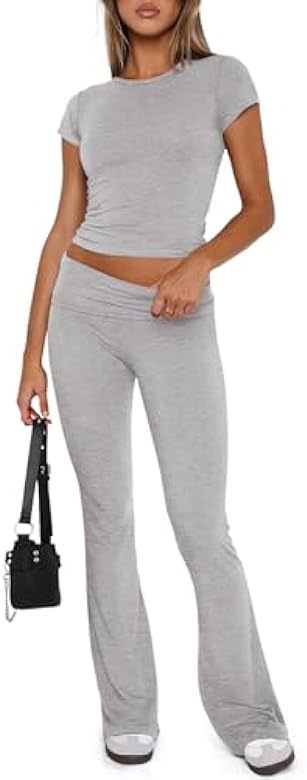 Soft Sets 2 Piece Yoga Sets Cropped Top Fold-over Flare Pants